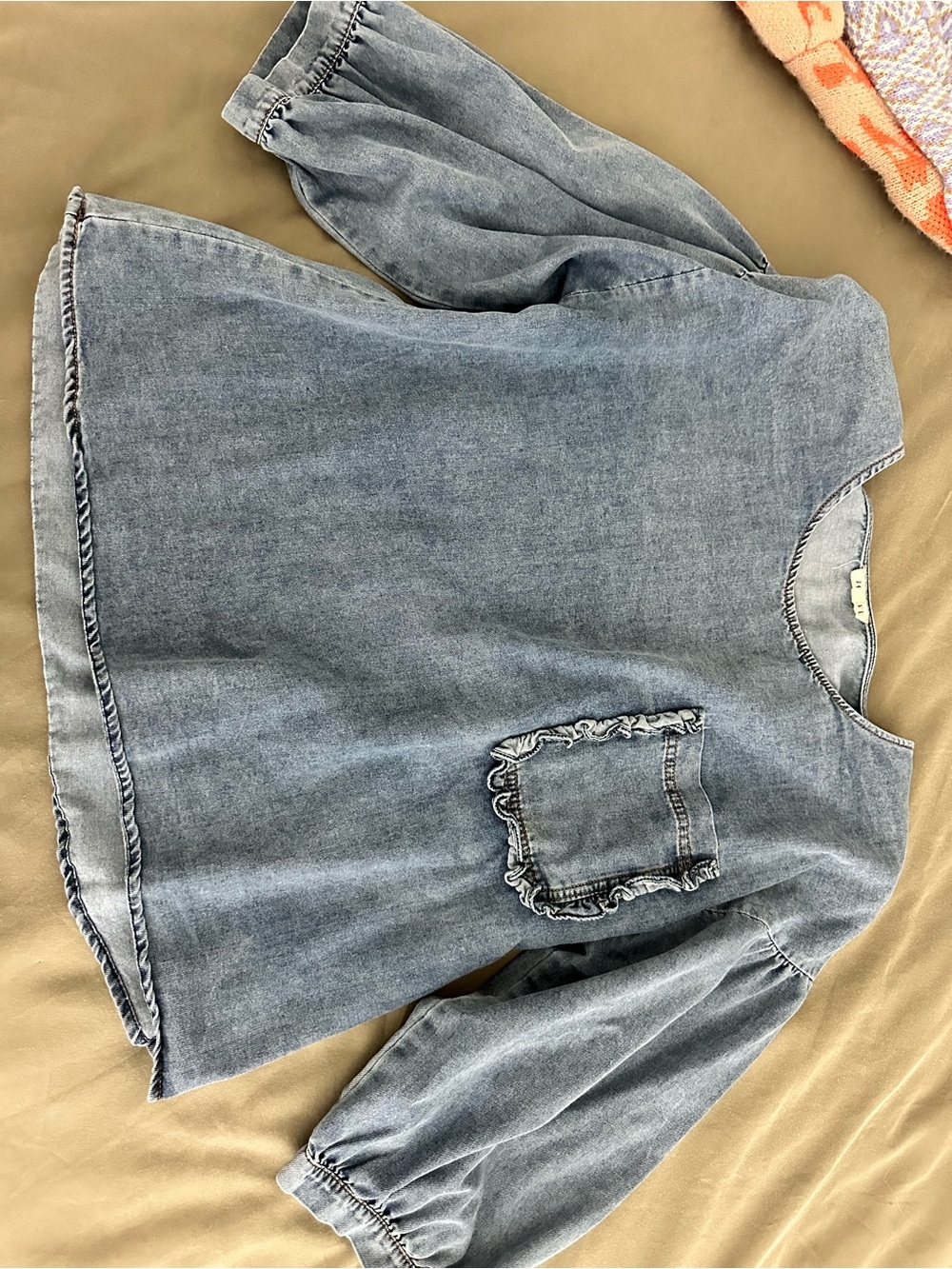 JODIFL Denim-Look Ruffle Pocket Blouse in Faded Blue
